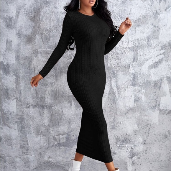 Sexy Solid Textured Pencil Fitted Bodycon Dress Black - Picture 5 of 6